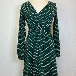 Anthropologie Maeve Malta Green Print Sweater Knit Belted Dress Size XS